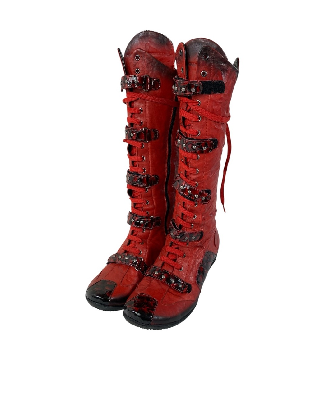 Women's Gothic Leather Red Lace-Up Knee High Buckle Boots Zipper 8 Low heel